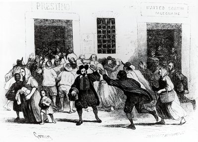 Plenění pekárny o berlích, epizoda ze Zasnoubení, od Alessandra Manzoniho (1785-1873), ilustrace Francesco Gonin (1808-1889) vydání z roku 1840 od Francesco Gonin