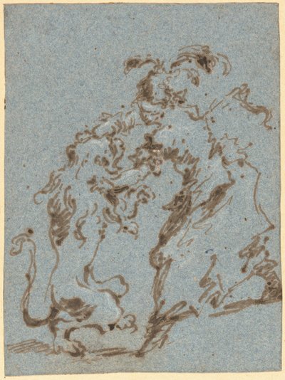 Elegantně oblečená žena zápasí se lvem od Francesco Guardi
