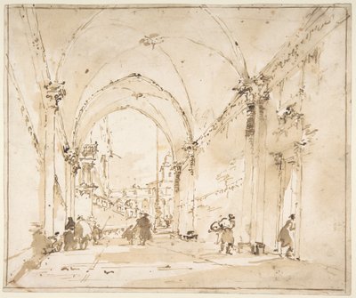 Architektonické capriccio: klenutý průchod vedoucí na náměstí od Francesco Guardi