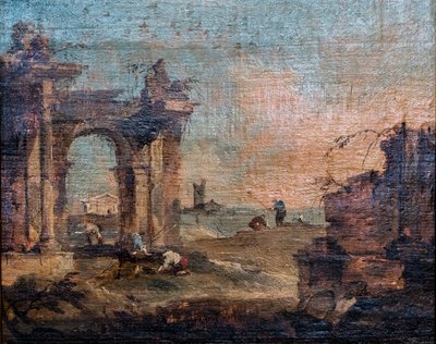 Caprice s postavami a ruinami, asi 1775-1780 (olej na dřevě) od Francesco Guardi