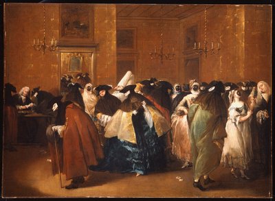 Dámy a pánové v karnevalovém kostýmu v Ridotto, Benátky od Francesco Guardi