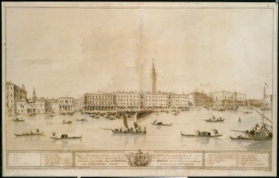 Panorama Benátek z Bacino di San Marco včetně návrhu zamýšleného Teatro Manin od Francesco Guardi