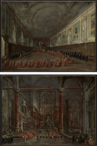 Papež Pius VI. sestupuje z trůnu, aby opustil dóžete v sále SS. Giovanni e Paolo, 1782 a papežský obřad v SS. Giovanni e Paolo, Benátky, 1782 (pár) od Francesco Guardi