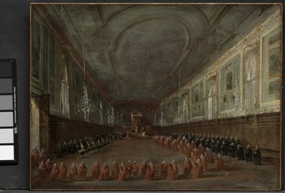 Papež Pius VI. sestupuje z trůnu, aby opustil dóžete v sále SS. Giovanni e Paolo, 1782 a papežský obřad v SS. Giovanni e Paolo, Benátky, 1782, c. 1783 od Francesco Guardi
