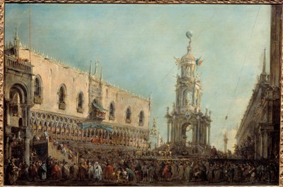 Benátský dóže navštěvuje oslavy Gras Čtvrtek na Piazzetta di San Marco Dóže Alvise IV Mocenigo (1701-1778) navštěvuje akrobatická představení z balkonu Dóžecího paláce. Obraz Francesca Guardiho (1712-1793) 1766-1770 Ne. 0,67 x 1 m od Francesco Guardi