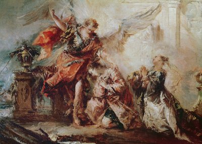Tobiášova svatba, detail páru Sary a Tobiáše před Raphaelovým prostředníkem vzdávajícím díky Bohu, kolem roku 1750 od Francesco Guardi