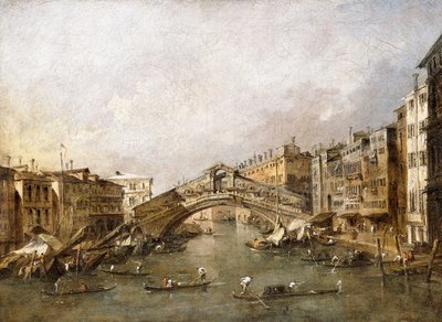Most Rialto, Benátky, s gondolami v popředí, od Francesco Guardi