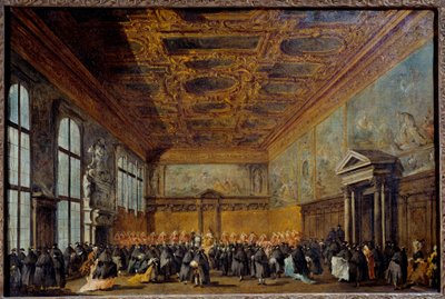 Audience udělená benátským dóžem (pravděpodobně Alvise IV Mocinego (1701-1778)) v College Hall v Dóžecím paláci v Benátkách Obraz Francesca Guardiho (1712-1793) 1766-1770 Ne. 0,67 x 1,01 m od Francesco Guardi