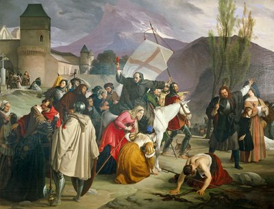Peter Hermit na bílém mezkovi s krucifixem v ruce a obíhá městy a vesnicemi a káže křížovou výpravu od Francesco Hayez