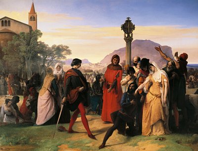 Sicilské nešpory, nevěsta Ruggera Mastrangela z Palerma uražená francouzským Direttem, je pomstěna jeho smrtí od Francesco Hayez