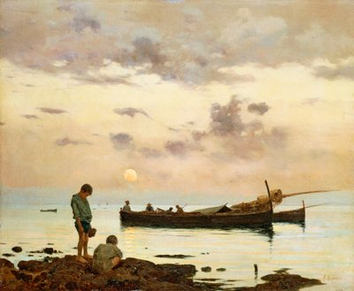 Marina s rybářskou lodí a chlapci, Francesco Lojacono (1838-1915), olej na plátně, 64x77 cm od Francesco Lojacono