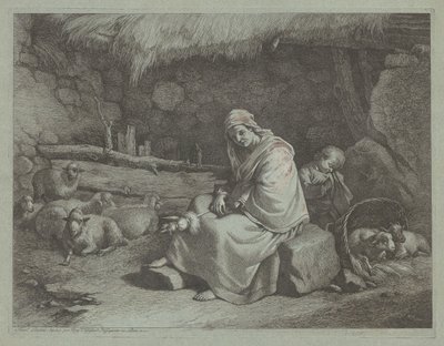 Interiér stáje se sedícím kolotočem a spícím dítětem od Francesco Londonio