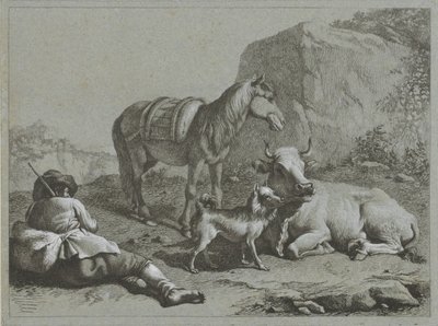 Ležící ovčák s koněm, krávou a psem Pastýřské scény (název série) od Francesco Londonio
