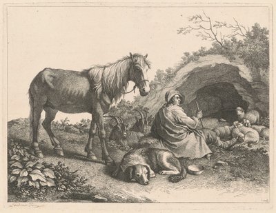Sedící ovčák s koněm, psem, kozami a ovcemi, po roce 1776. od Francesco Londonio