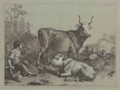 Sedící ovčák s býkem a býkem, 1763. od Francesco Londonio