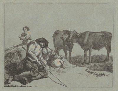 Spící pastýř, dvě telata a selka, 17621763. od Francesco Londonio