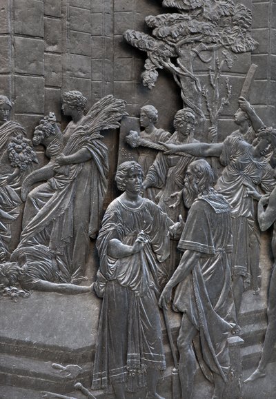 Základna představující Alessandra Farnese přijímající velvyslance anglické královny Alžběty, detail sochy Alessandra Farnese od Francesco Mochi