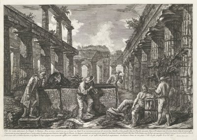 Titulní tisk s pozůstatky Neptunova chrámu v Paestum s názvem na blocích Různé pohledy na zbytky tří velkých budov, které stále stojí v Paestum (název série) Různé pohledy na quelques restes de trois grands édifices qui od Francesco Piranesi