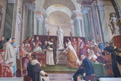 Diskuse o Neposkvrněném početí (freska) od Francesco Podesti
