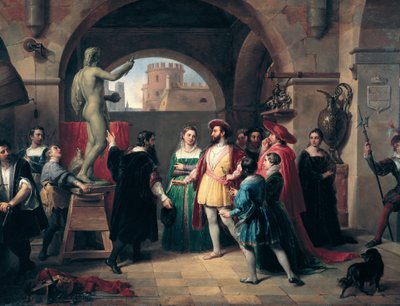 Francouzský král František I. (1494-1547) navštíví studio Buenvenuto Cellini (1500-1571) v Římě. Malíř daruje králi sochu svatého Jana Evangelisty Anonymní obraz. Roma, Galleria Nazionale d
