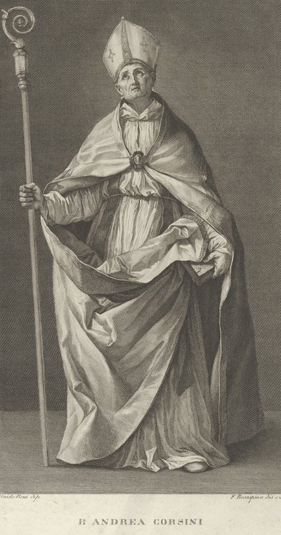 Saint Andrea Corsini oblečený jako biskup z Fiesole, drží berlu a dívá se ..., ca. 1780-1841. od Francesco Rosaspina