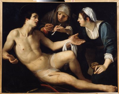 Svatý Šebestián (Svatý Šebestián). Z jeho ran se o něj stará mladá vdova Saint Irene. Obraz Francesca Rusticiho ​​(asi 1575-1626). Olej na plátně, 119 x 148 cm. Umění ze Sieny, italský manýrismus. Státní muzeum umění, Jekatěrinburg. od Francesco Rustici