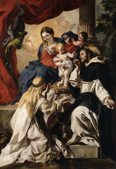 Trůnící Panna Maria s dítětem, svatým Dominikem a svatou Kateřinou Sienskou (Růžencová madona) od Francesco Solimena