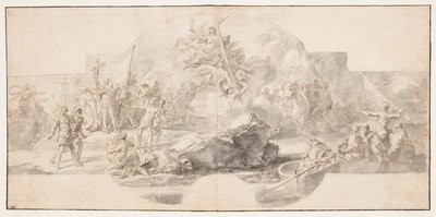 Studium malby „Kolumbusovo přistání v Americe“, Sala del Minor Consiglio, Palazzo Ducale, Janov, Itálie od Francesco Solimena
