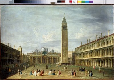 Náměstí svatého Marka (San Marco) (nebo Piazzetta) v Benátkách s bazilikou svatého Marka a Campanile. (Náměstí svatého Marka v Benátkách). Obraz Francesca Tironiho (1745-1797). Olej na plátně, 72 x 109 cm. Benátské umění 18. století. Státní muzeum Archa od Francesco Tironi