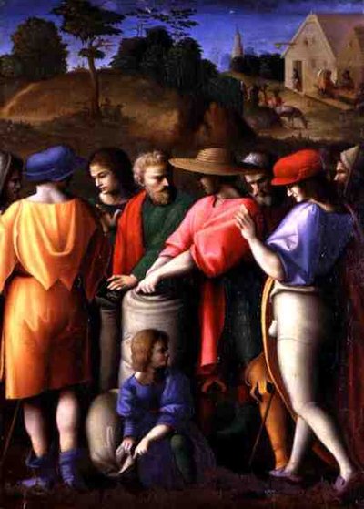 Hledání ukradeného poháru z „Příběhů Giuseppe Ebrea“ (tempera na panelu) od Francesco Ubertini Verdi Bachiacca