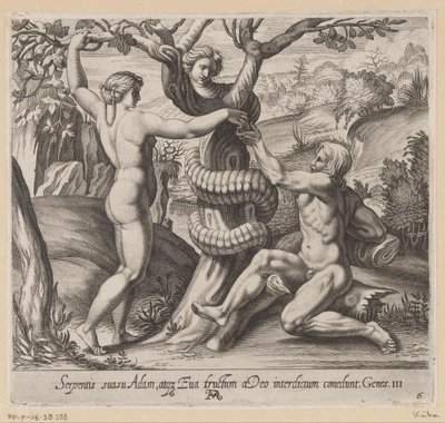 Eva nabízí Adamovi zakázané ovoce Obrazy v Raphaelově lodžii (název série) La Sacra Genesi (název série) od Francesco Villamena