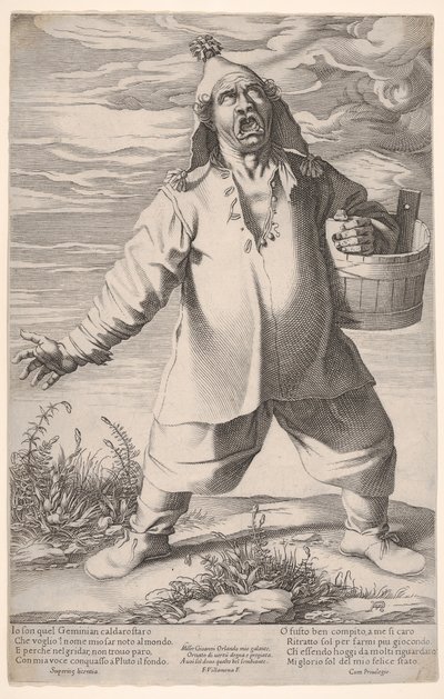 Geminiano Caldarostaro křičí a drží vanu, s kloboukem se střapcem, ca. 1597-1601. od Francesco Villamena