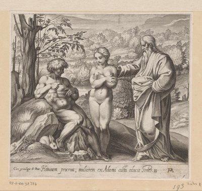 Bůh tvoří muže a ženu Obrazy v Raphaelově lodžii (název série) La Sacra Genesi (název série) od Francesco Villamena