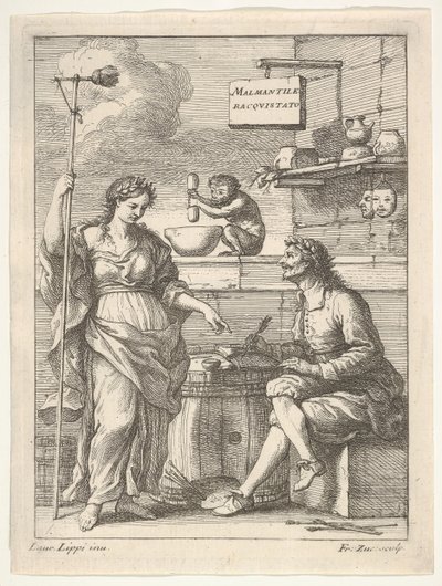 Opice pracující na hmoždíři, pod ním Lorenzo Lippi píšící své vtipné..., ca. 1710-64. od Francesco Zuccarelli