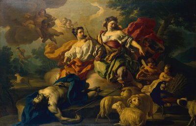 Juno umístí Oči Arga do ocasu páva (olej na plátně) od Francesco de Mura