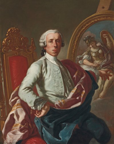 Portrét umělce, tříčtvrteční, sedící, držící tužku, u stojanu s obrázkem Minervy od Francesco de Mura