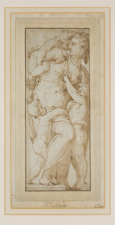 Studie ženy a Putti (inkoust a mytí) od Francesco de Rossi (follower of) Salviati
