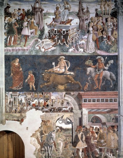 Duben. Nahoře: Triumf Venuše (Aphrodite) se Třemi Gráciemi a líbajícími se páry. Uprostřed: znázornění zvěrokruhu býka. Níže: Borso d