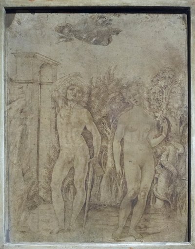 Adam a Eva, asi 1470 (pero a tuš na pergamenu) od Francesco di Giorgio Martini