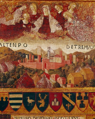 Ex voto (nebo ex voto): „“ Panna Maria chránící město Siena v době zemětřesení v letech 1466-1467““ Detail. Dřevomalba od Francesca di Giorgio Martini (1439-1502) zdobící Bicchernu (obálka účetního rejstříku města Si od Francesco di Giorgio Martini