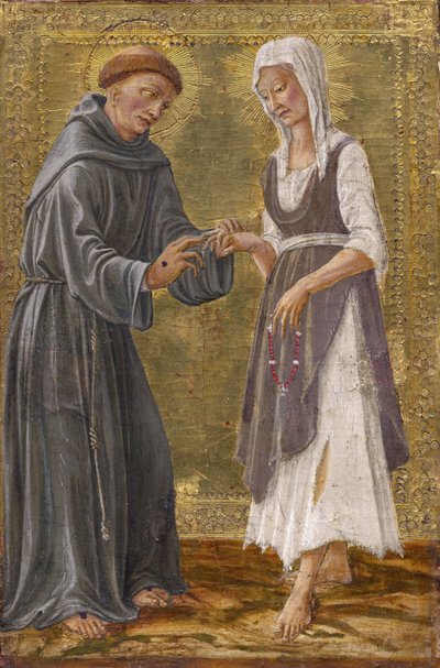 Posvátná výměna mezi svatým Františkem a paní Poverty par Francesco di Giorgio Martini (1439-1501). Tempera na panelu od Francesco di Giorgio Martini