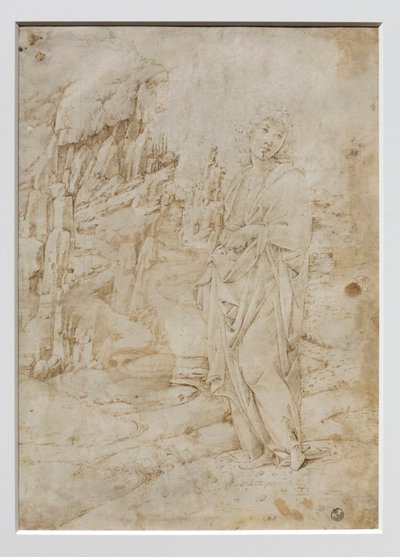 Mladý muž ve skalnaté krajině, asi 1475-80 (pero a černý a hnědý inkoust, se stopami kovového hrotu na pergamenu) od Francesco di Giorgio Martini