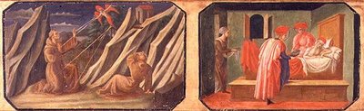 (LtoR) Sv. František z Assisi přijímající stigmata, SS. Kosmas a Damian uzdravení nemocného muže; kopie originálních panelů tvořících součást Predella k Madoně s dítětem na trůnu od Filippa Lippa od Francesco di Stefano Pesellino