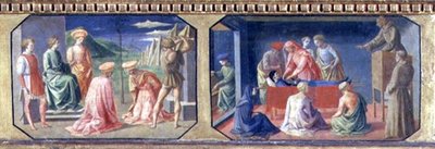 (LtoR) Umučení SS. Cosmas a Damian, svatý Antonín Paduánský nalézající srdce lakomců; dva panely z predely Madony s dítětem na trůnu od Filippa Lippiho (asi 1406-69) (tempera na pánvi od Francesco di Stefano Pesellino