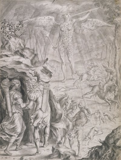 Dido a Aeneas se ukrývají v jeskyni (mytí na papíře) od Francis Cleyn