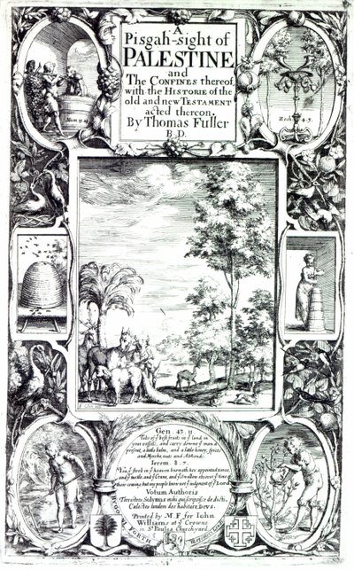 Titulní strana k „Pisgah-sight of Palestine“ od Thomase Fullera vydané v roce 1650 od Francis Cleyn