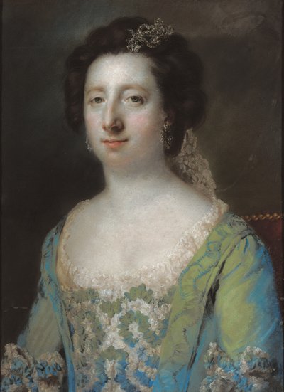 Portrét Hon. Paní Bridget Gunning, poloviční délka, v modrých nařasených šatech, 1758 od Francis Cotes