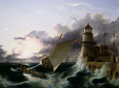 Loď u majáku, bouře se spouští (olej na plátně) od Francis Danby