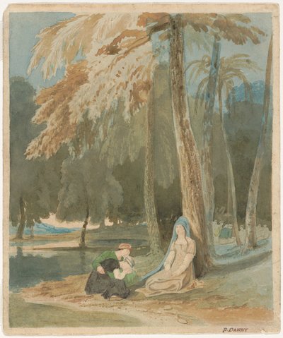 Tři ženy sedící u zalesněného jezera od Francis Danby