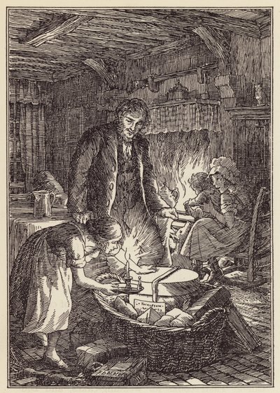Ilustrace k románu Cvrček na krbu od Charlese Dickense (barevná litografie) od Francis Donkin Bedford